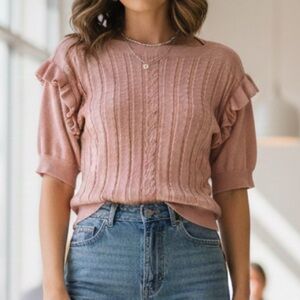 RW&CO. Pink Pointelle Knit Ruffle Sleeve Top - Size S